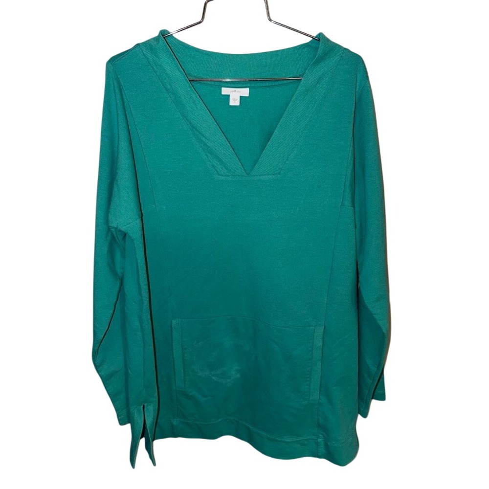 J. Jill Fit Womens Medium Teal Green V-Neck Long Sleeve Kangaroo Pocket Pullover